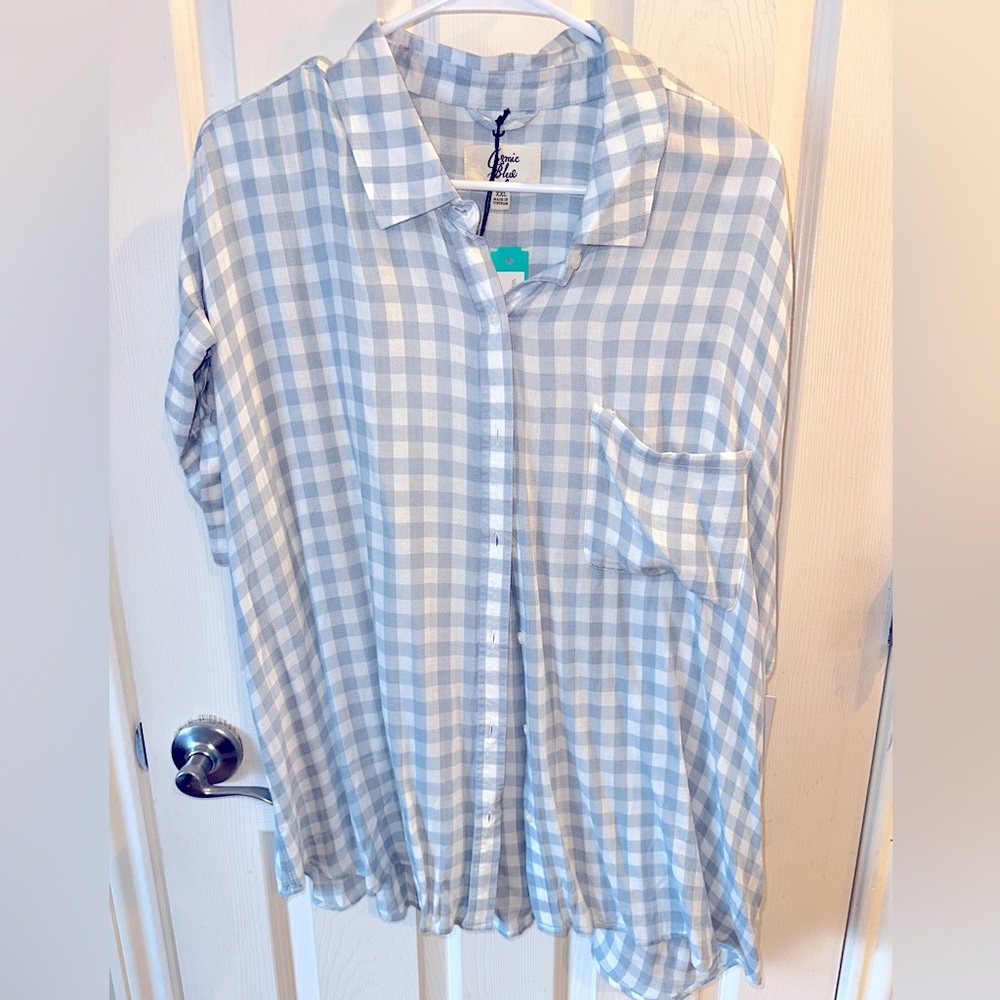 Cute blue and white checkered button down casual shirt.